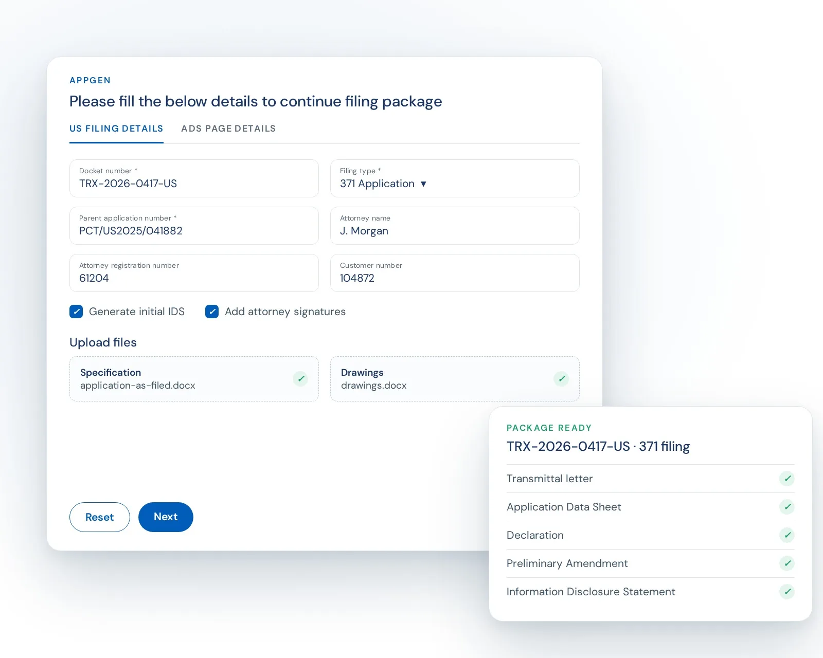 The AppGen filing-package form beside a list of the finished documents: transmittal, ADS, declaration, preliminary amendment and IDS