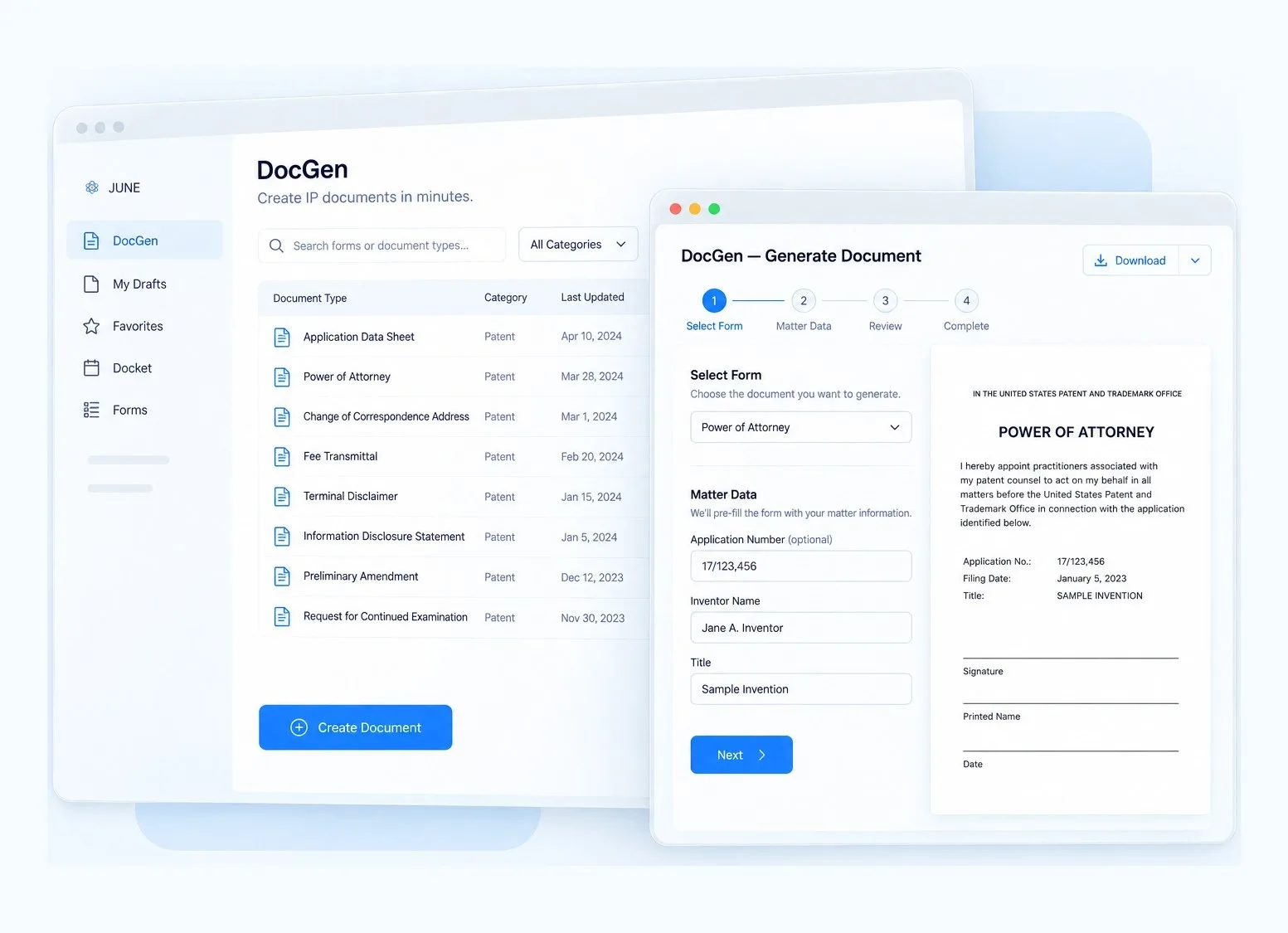 DocGen's form library beside the Generate Document wizard, filling a Power of Attorney from matter data