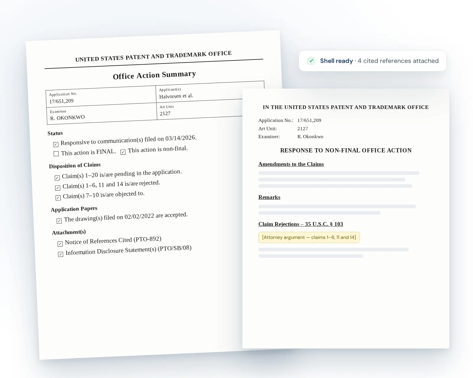 A USPTO Office Action Summary beside the response shell prepared from it, with the attorney argument left to write