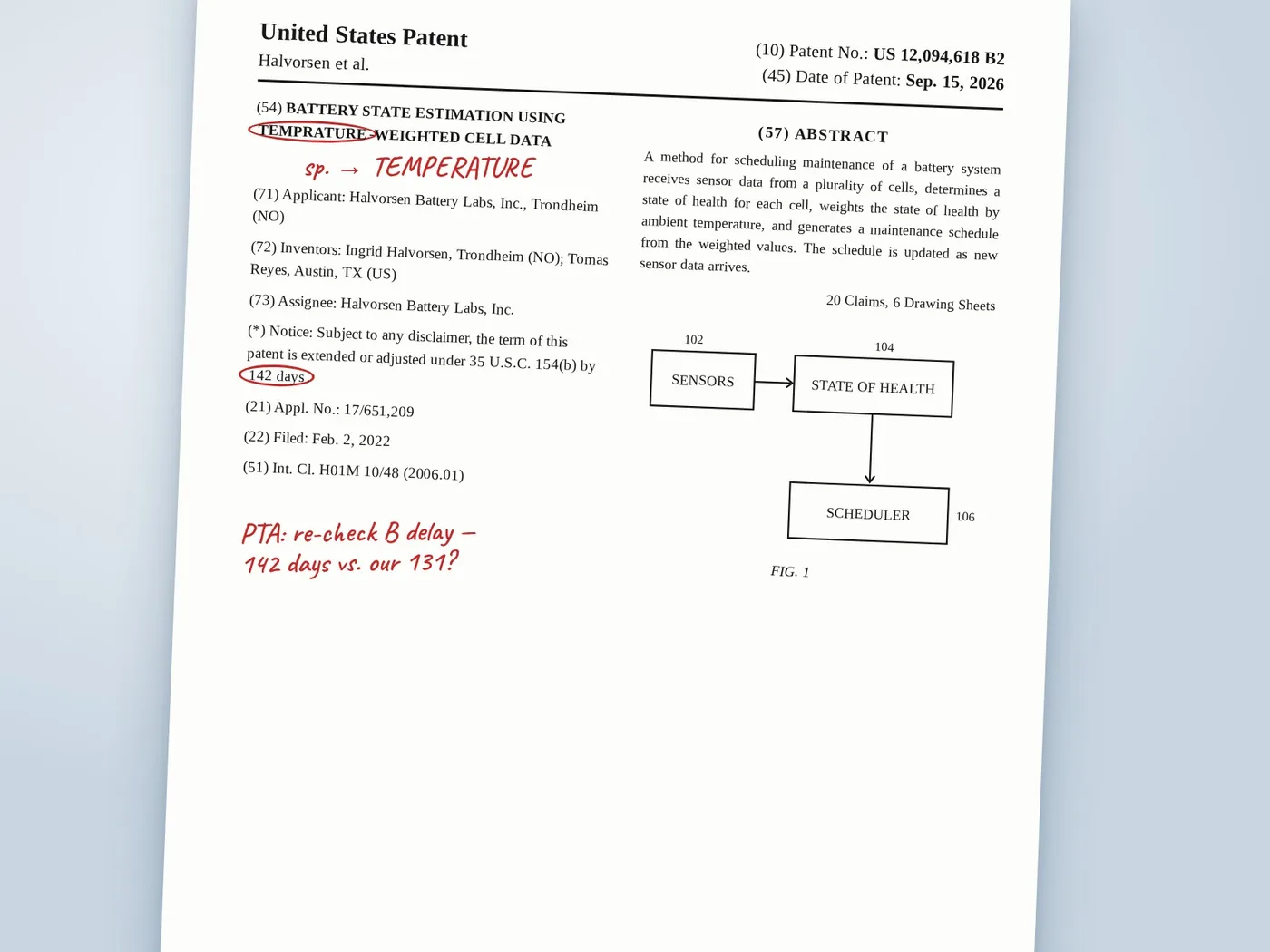 The front page of a US patent with a proofreader’s marks: a misspelling in the title and the patent term adjustment circled