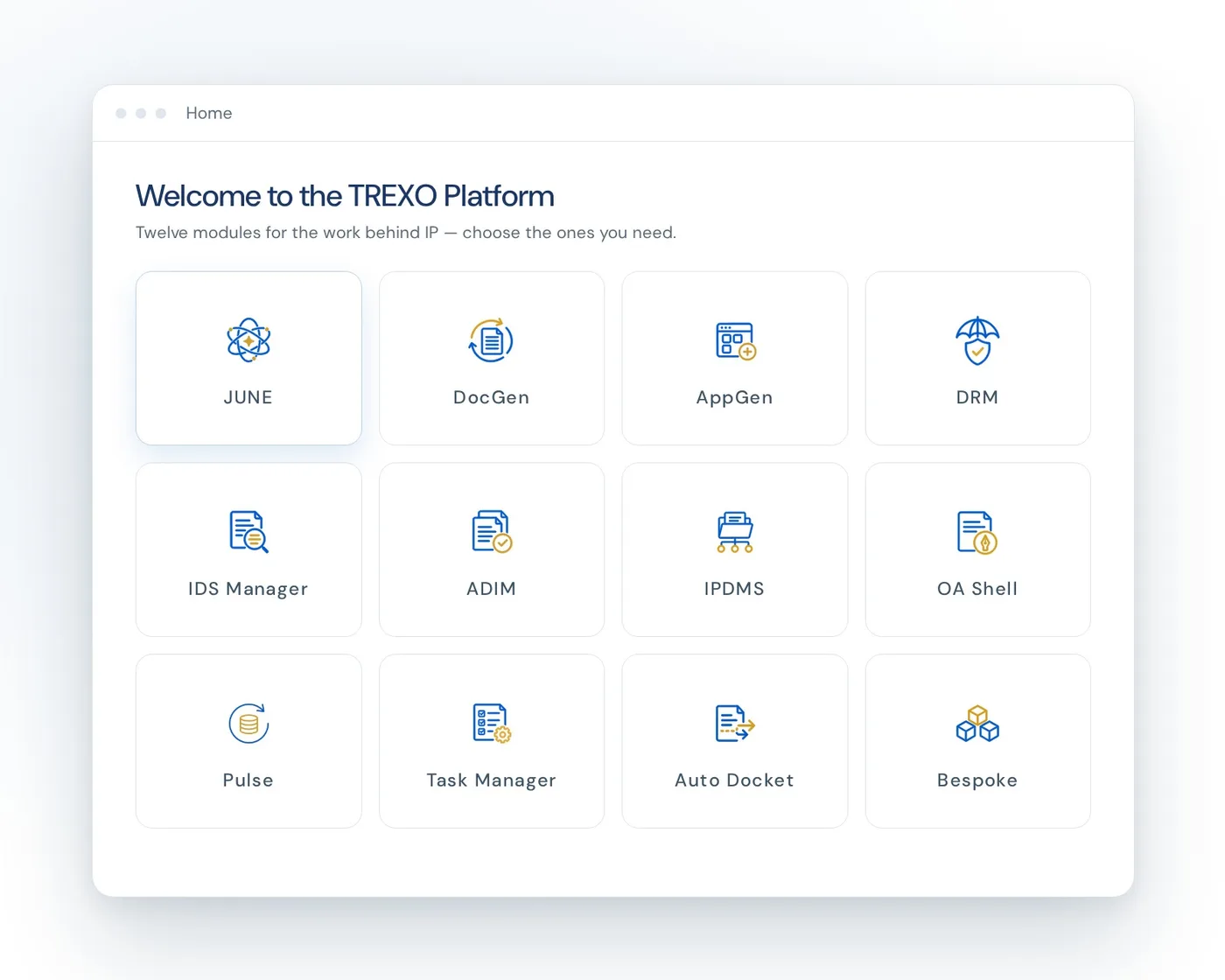 The Trexo platform home screen with tiles for all twelve modules