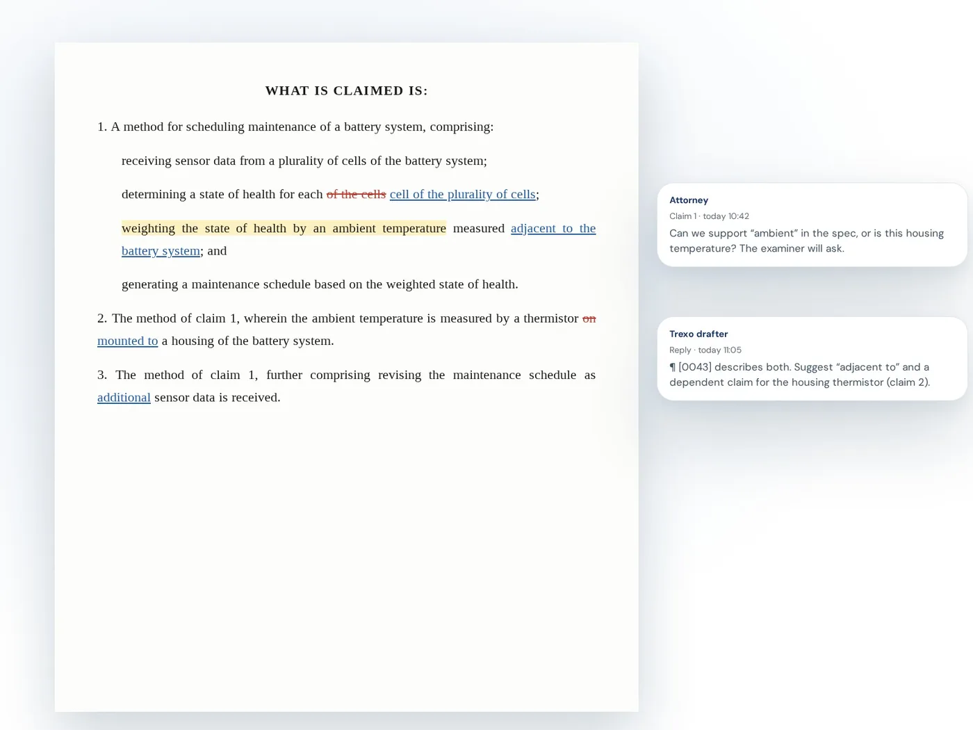 A draft patent claim set with tracked changes and comments between the attorney and the drafter