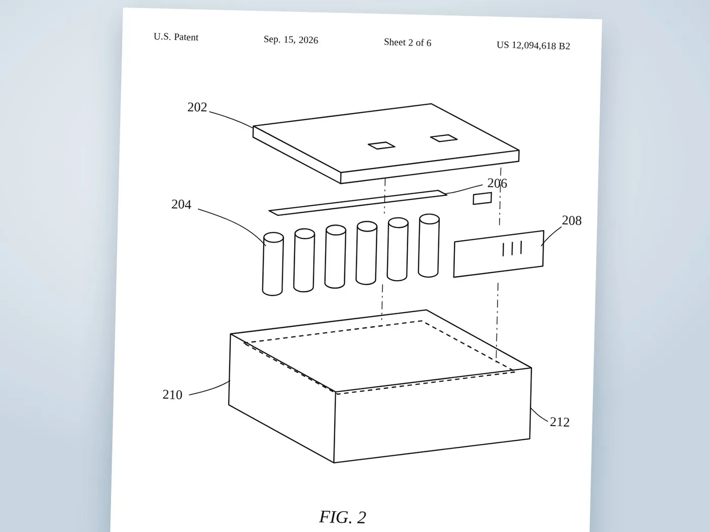 A patent drawing sheet: an exploded battery module in black line art with reference numerals, labelled FIG. 2