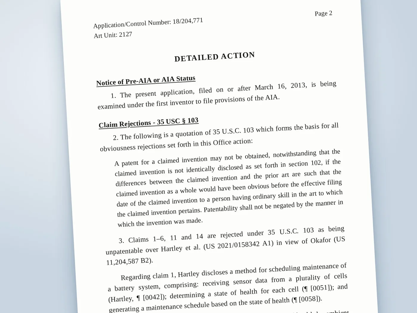 The Detailed Action page of a USPTO Office action, setting out a claim rejection under 35 U.S.C. 103