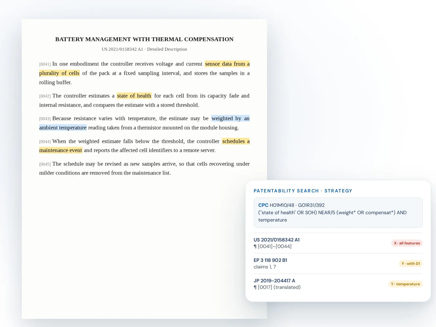 A prior-art document with the searcher’s highlights beside the search strategy and the ranked hits