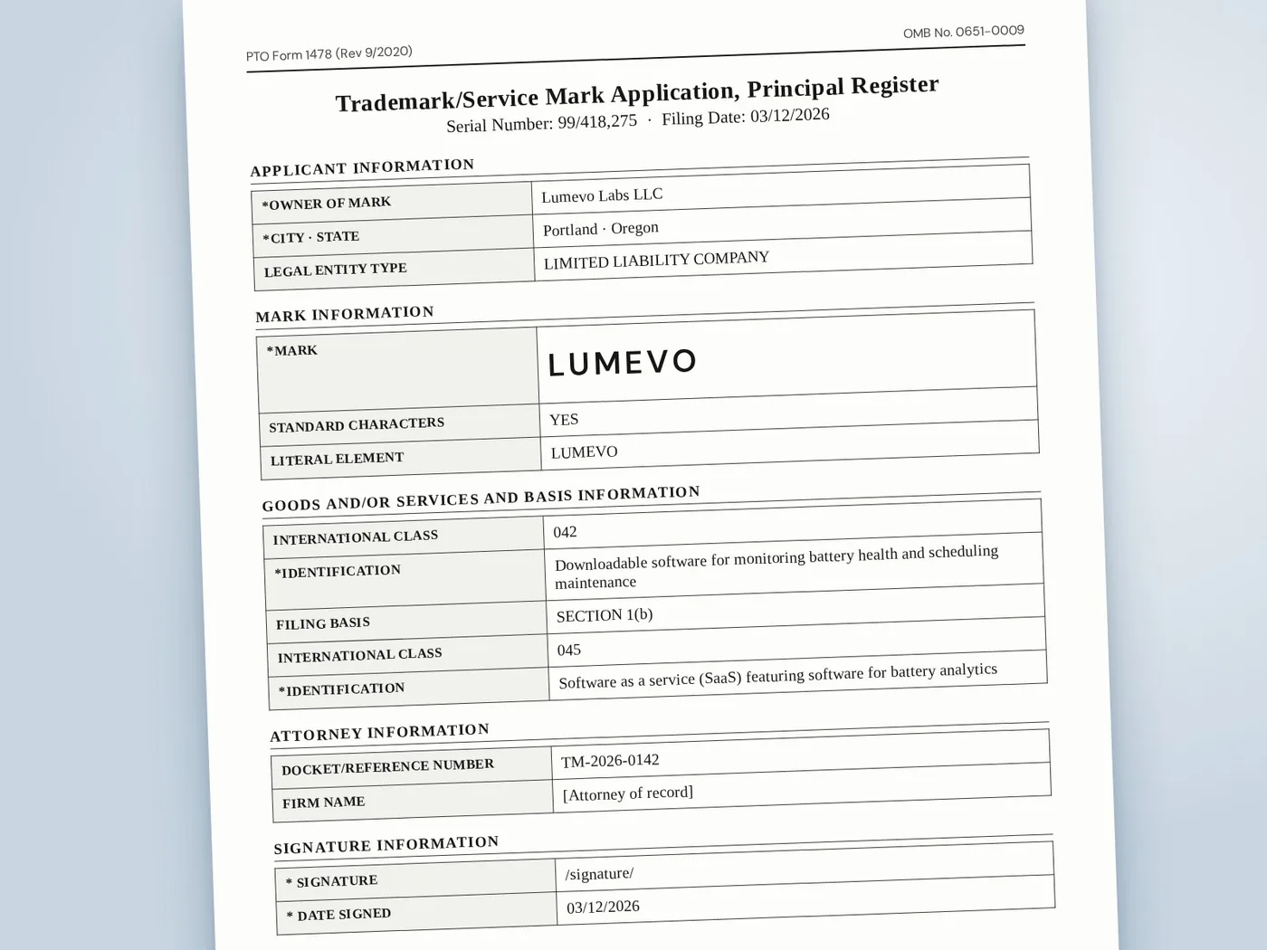 A trademark application form on the Principal Register, with the mark, applicant and goods and services filled in
