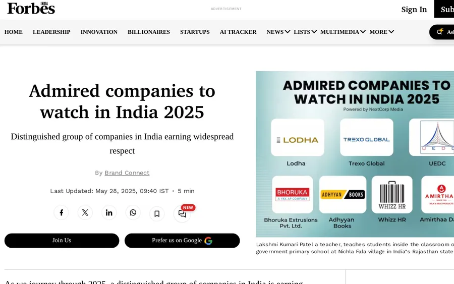 Forbes India: Admired companies to watch in India 2025, with the Trexo Global logo among the featured companies